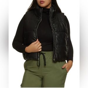 Faux Leather Zip Front Puffer Vest - Black